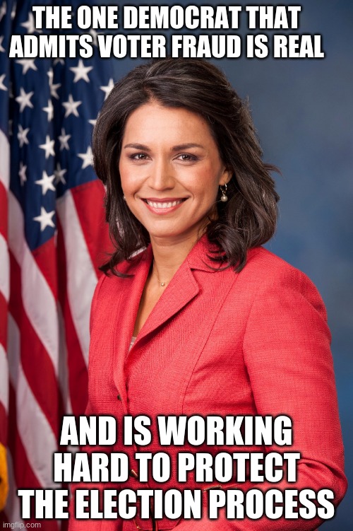 Tulsi Gabbard, thank you for your honesty | THE ONE DEMOCRAT THAT ADMITS VOTER FRAUD IS REAL; AND IS WORKING HARD TO PROTECT THE ELECTION PROCESS | image tagged in tulsi gabbard,thank you for your honesty,protect the vote,no ballot havesting,a ray of hope,election fraud prevention act | made w/ Imgflip meme maker
