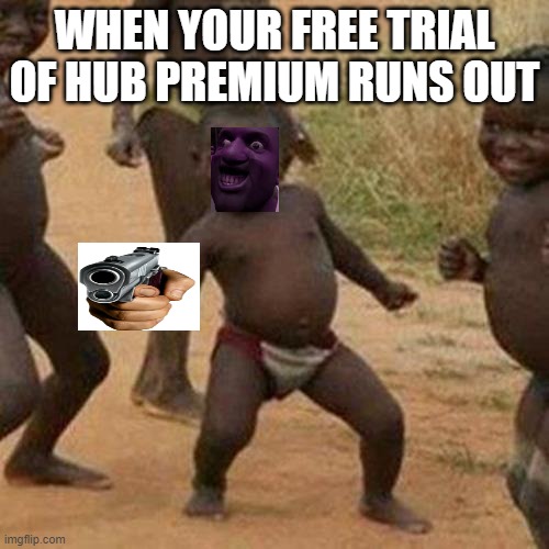 free trial ends | WHEN YOUR FREE TRIAL OF HUB PREMIUM RUNS OUT | image tagged in memes,third world success kid | made w/ Imgflip meme maker