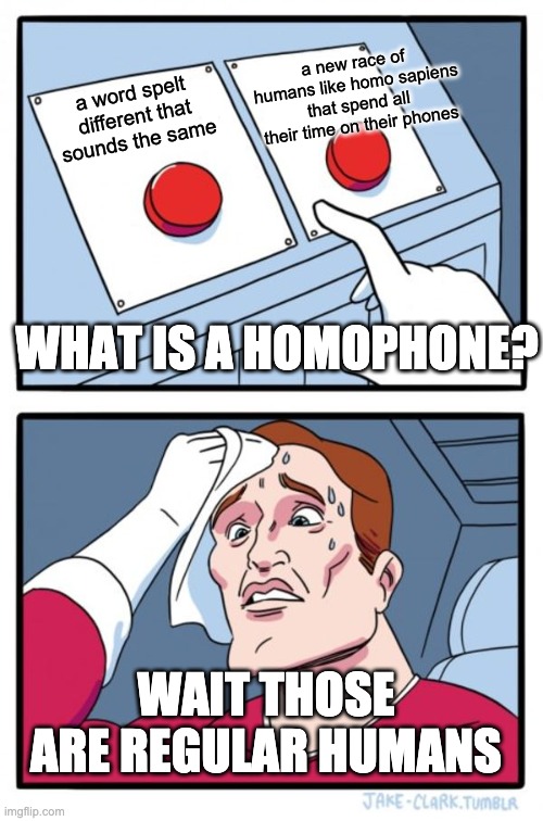 hmmmm | a new race of humans like homo sapiens that spend all their time on their phones; a word spelt different that sounds the same; WHAT IS A HOMOPHONE? WAIT THOSE ARE REGULAR HUMANS | image tagged in memes,two buttons | made w/ Imgflip meme maker