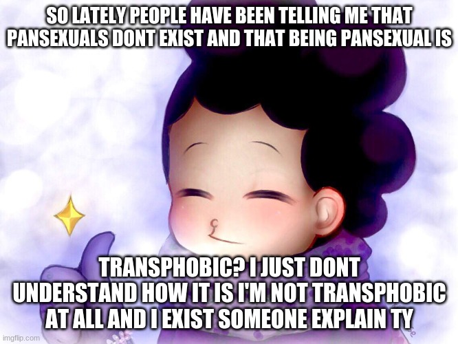 Mineta Approves | SO LATELY PEOPLE HAVE BEEN TELLING ME THAT PANSEXUALS DONT EXIST AND THAT BEING PANSEXUAL IS; TRANSPHOBIC? I JUST DONT UNDERSTAND HOW IT IS I'M NOT TRANSPHOBIC AT ALL AND I EXIST SOMEONE EXPLAIN TY | image tagged in mineta approves | made w/ Imgflip meme maker