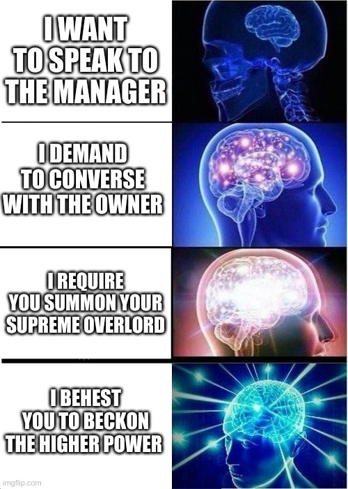 karen evolution | I WANT TO SPEAK TO THE MANAGER; I DEMAND TO CONVERSE WITH THE OWNER; I REQUIRE YOU SUMMON YOUR SUPREME OVERLORD; I BEHEST YOU TO BECKON THE HIGHER POWER | image tagged in memes,expanding brain | made w/ Imgflip meme maker