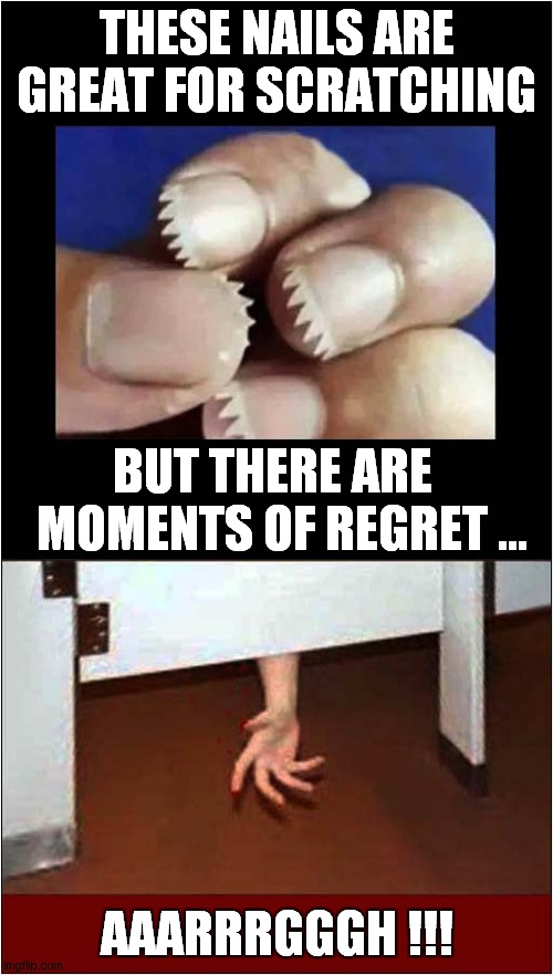 Manicure Madness ! | THESE NAILS ARE GREAT FOR SCRATCHING; BUT THERE ARE   MOMENTS OF REGRET ... AAARRRGGGH !!! | image tagged in fun,manicure,nails,regrets | made w/ Imgflip meme maker