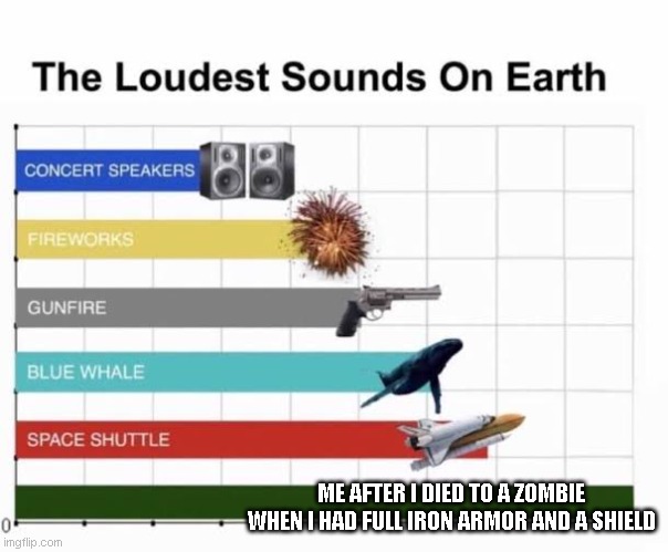 The Loudest Sounds on Earth | ME AFTER I DIED TO A ZOMBIE WHEN I HAD FULL IRON ARMOR AND A SHIELD | image tagged in the loudest sounds on earth | made w/ Imgflip meme maker