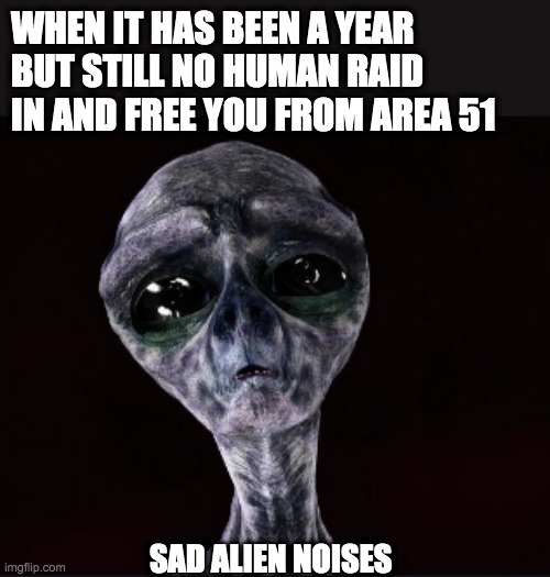 It has been a year | WHEN IT HAS BEEN A YEAR
BUT STILL NO HUMAN RAID IN AND FREE YOU FROM AREA 51; SAD ALIEN NOISES | image tagged in storm area 51,alien | made w/ Imgflip meme maker