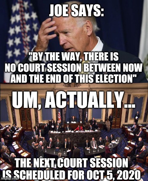 Court will be in Session! | JOE SAYS:; "BY THE WAY, THERE IS NO COURT SESSION BETWEEN NOW AND THE END OF THIS ELECTION"; UM, ACTUALLY... THE NEXT COURT SESSION IS SCHEDULED FOR OCT 5, 2020 | image tagged in senate floor,joe biden worries,vote trump,maga,trump 2020,joe biden | made w/ Imgflip meme maker