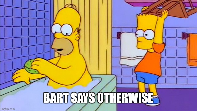 bart hitting homer with a chair | BART SAYS OTHERWISE | image tagged in bart hitting homer with a chair | made w/ Imgflip meme maker