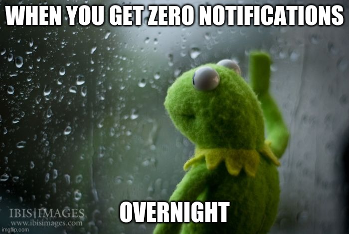 sad | WHEN YOU GET ZERO NOTIFICATIONS; OVERNIGHT | image tagged in kermit window | made w/ Imgflip meme maker