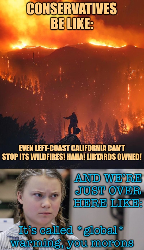 Oh don’t worry, it’s coming for you red-staters too | CONSERVATIVES BE LIKE:; EVEN LEFT-COAST CALIFORNIA CAN’T STOP ITS WILDFIRES! HAHA! LIBTARDS OWNED! AND WE’RE JUST OVER HERE LIKE:; It’s called *global* warming, you morons | image tagged in california wildfire,pissedoff greta,global warming,climate change,conservative logic,science | made w/ Imgflip meme maker