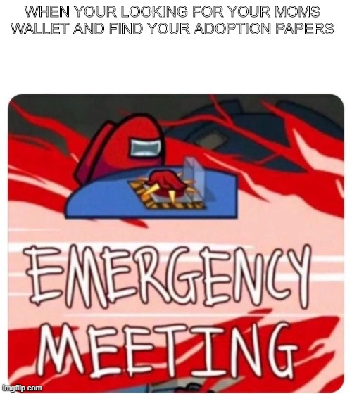 Emergency Meeting Among Us | WHEN YOUR LOOKING FOR YOUR MOMS WALLET AND FIND YOUR ADOPTION PAPERS | image tagged in emergency meeting among us | made w/ Imgflip meme maker