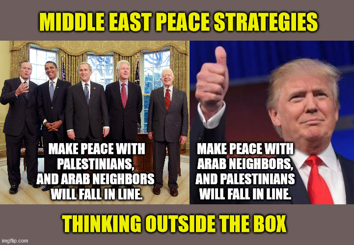 The advantages of not being a career politician | MIDDLE EAST PEACE STRATEGIES; MAKE PEACE WITH 
ARAB NEIGHBORS, 
AND PALESTINIANS 
WILL FALL IN LINE. MAKE PEACE WITH
PALESTINIANS, 
AND ARAB NEIGHBORS 
WILL FALL IN LINE. THINKING OUTSIDE THE BOX | image tagged in president trump,israel,peace,middle east,maga,trump 2020 | made w/ Imgflip meme maker