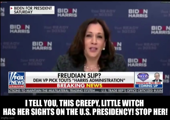 I TELL YOU, THIS CREEPY, LITTLE WITCH 
HAS HER SIGHTS ON THE U.S. PRESIDENCY! STOP HER! | made w/ Imgflip meme maker