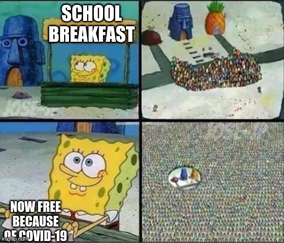 School Breakfast is know free in my school | SCHOOL BREAKFAST; NOW FREE BECAUSE OF COVID-19 | image tagged in spongebob hype stand | made w/ Imgflip meme maker