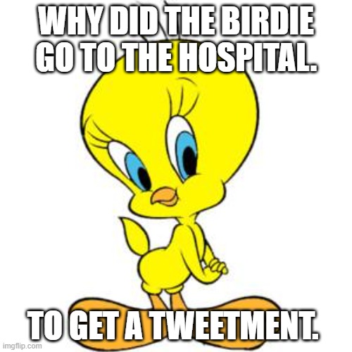 Daily Bad Joke 09/21/2020 | WHY DID THE BIRDIE GO TO THE HOSPITAL. TO GET A TWEETMENT. | image tagged in tweety | made w/ Imgflip meme maker