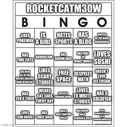 I guess I'll make a bingo too. Comment your answers! | ROCKETCATM30W; HAS A BLOG; HATES SPORTS; IS A GIRL; LIKES POKEMON; HOPPED ON THE BINGO BANDWAGON; RAVENCLAW; HAS BROWN HAIR; HAS GONE TO DISNEY WORLD; HAS TWO CATS; LOVES SUSHI; LIKES SCARY STORIES; DESPISES MATH; DOESN'T LOVE ICE CREAM; HAS READ ALL OF THE DEATHLY HALLOWS BOOK IN ONE DAY; FREE SPACE; WEARS CAT EARS EVERY DAY; COLLECTS POKEMON CARDS; LOVES TO WRITE STORIES; HAS 6 GOLDFISH; HAS FED A TIGER; HAS NEVER ONCE CLIMBED A TREE; HELD A BABY SNAPPING TURTLE; HAS THREE DOGS; LOVES TEAM ROCKET; HAS A DEDICATED CRUSH ON A POKEMON CHARACTER | image tagged in blank bingo card | made w/ Imgflip meme maker