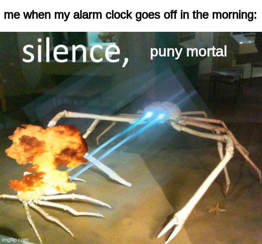 Silence Crab | me when my alarm clock goes off in the morning:; puny mortal | image tagged in silence crab | made w/ Imgflip meme maker