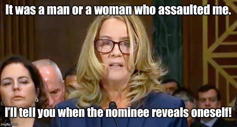 Christine Blasey Ford | It was a man or a woman who assaulted me. I’ll tell you when the nominee reveals oneself! | image tagged in christine blasey ford | made w/ Imgflip meme maker