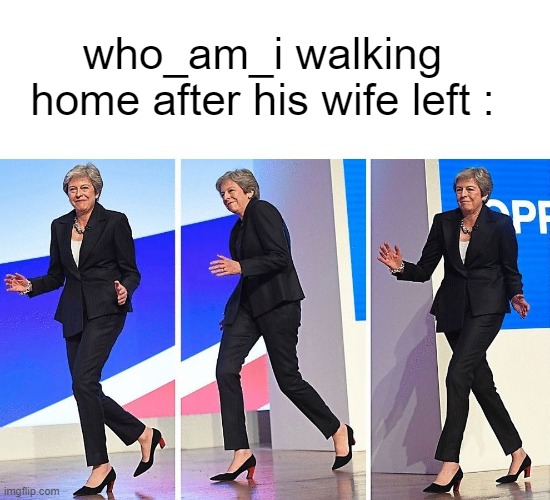 Theresa May Walking | who_am_i walking home after his wife left : | image tagged in theresa may walking | made w/ Imgflip meme maker