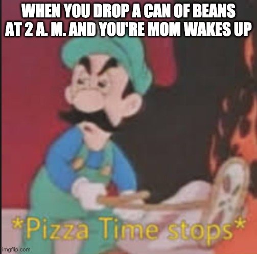 Pizza Time Stops | WHEN YOU DROP A CAN OF BEANS AT 2 A. M. AND YOU'RE MOM WAKES UP | image tagged in pizza time stops | made w/ Imgflip meme maker