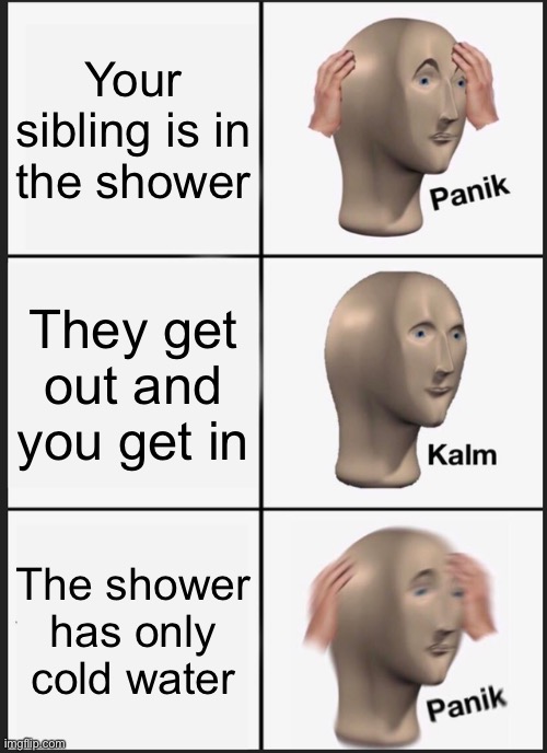 Now I am sure everyone who has a sibling can relate | Your sibling is in the shower; They get out and you get in; The shower has only cold water | image tagged in memes,panik kalm panik | made w/ Imgflip meme maker