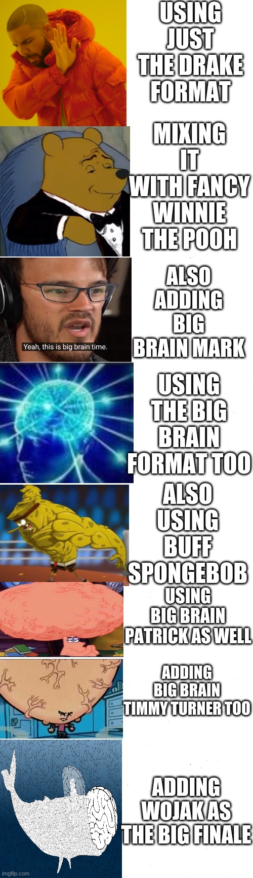 THE BIGGEST BRAIN MEGA MEME | USING JUST THE DRAKE FORMAT; MIXING IT WITH FANCY WINNIE THE POOH; ALSO ADDING BIG BRAIN MARK; USING THE BIG BRAIN FORMAT TOO; ALSO USING BUFF SPONGEBOB; USING BIG BRAIN PATRICK AS WELL; ADDING BIG BRAIN TIMMY TURNER TOO; ADDING WOJAK AS THE BIG FINALE | image tagged in memes,drake hotline bling,big brain,tuxedo winnie the pooh,buff spongebob,big brain wojak | made w/ Imgflip meme maker