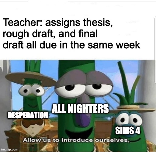 Getting Swamped Senior Year | Teacher: assigns thesis, rough draft, and final draft all due in the same week; ALL NIGHTERS; DESPERATION; SIMS 4 | image tagged in allow us to introduce ourselves | made w/ Imgflip meme maker