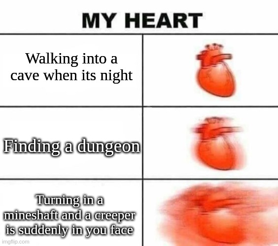 My heart in minecraft | Walking into a cave when its night; Finding a dungeon; Turning in a mineshaft and a creeper is suddenly in you face | image tagged in my heart blank | made w/ Imgflip meme maker