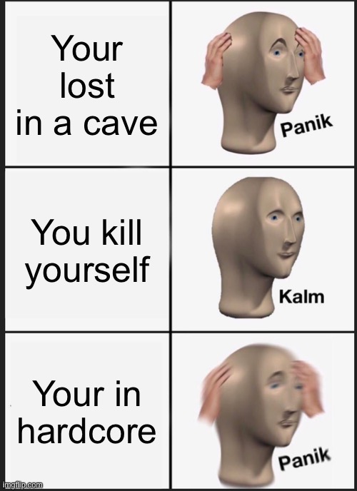 Panik Kalm Panik | Your lost in a cave; You kill yourself; Your in hardcore | image tagged in memes,panik kalm panik | made w/ Imgflip meme maker