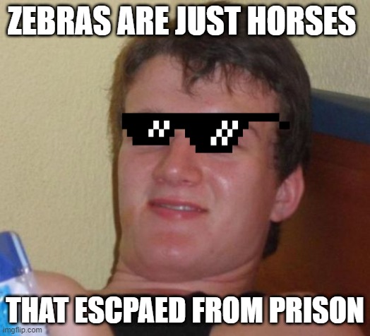 10 Guy Meme | ZEBRAS ARE JUST HORSES; THAT ESCPAED FROM PRISON | image tagged in memes,10 guy | made w/ Imgflip meme maker