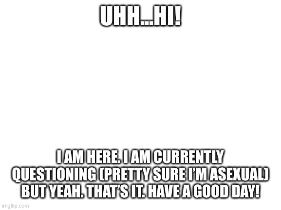 Hi :3 | UHH...HI! I AM HERE. I AM CURRENTLY QUESTIONING (PRETTY SURE I’M ASEXUAL) BUT YEAH. THAT’S IT. HAVE A GOOD DAY! | image tagged in blank white template,lgbtq | made w/ Imgflip meme maker