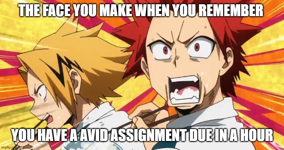 Avid | THE FACE YOU MAKE WHEN YOU REMEMBER; YOU HAVE A AVID ASSIGNMENT DUE IN A HOUR | image tagged in anonymous meme week | made w/ Imgflip meme maker