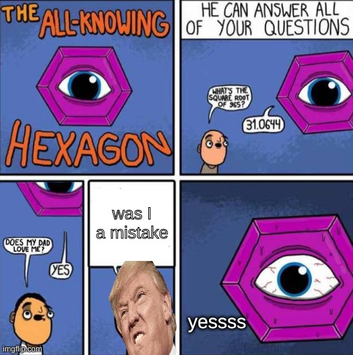 I realy was | was I a mistake; yessss | image tagged in all knowing hexagon original | made w/ Imgflip meme maker
