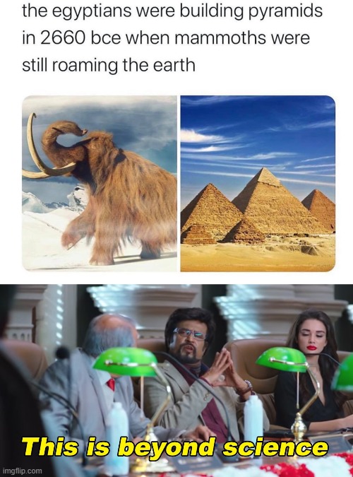 I thought they went extinct earlier than that but this is in fact true | image tagged in this is beyond science,pyramids,egypt,history,historical meme,ancient | made w/ Imgflip meme maker