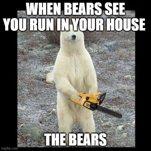 Chainsaw Bear Meme | WHEN BEARS SEE YOU RUN IN YOUR HOUSE; THE BEARS | image tagged in memes,chainsaw bear | made w/ Imgflip meme maker