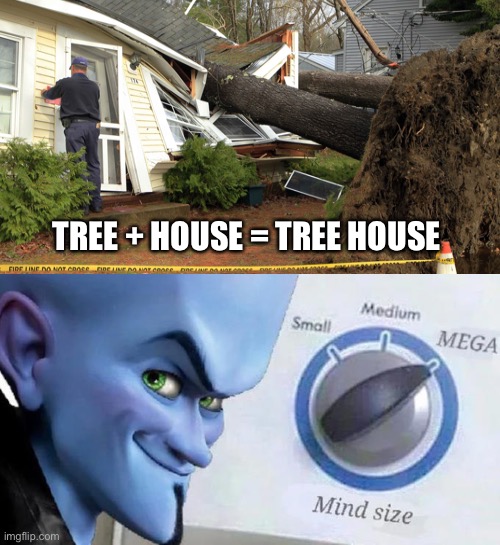 Big brain | TREE + HOUSE = TREE HOUSE | image tagged in mega mind size | made w/ Imgflip meme maker