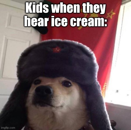 Russian Doge | Kids when they hear ice cream: | image tagged in russian doge | made w/ Imgflip meme maker
