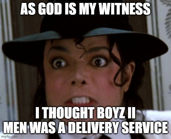 Boyz II Men | AS GOD IS MY WITNESS; I THOUGHT BOYZ II MEN WAS A DELIVERY SERVICE | image tagged in scared micheal jackson | made w/ Imgflip meme maker