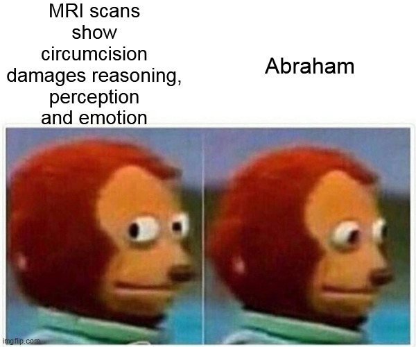 Monkey Puppet | MRI scans show circumcision damages reasoning, perception and emotion; Abraham | image tagged in memes,monkey puppet | made w/ Imgflip meme maker