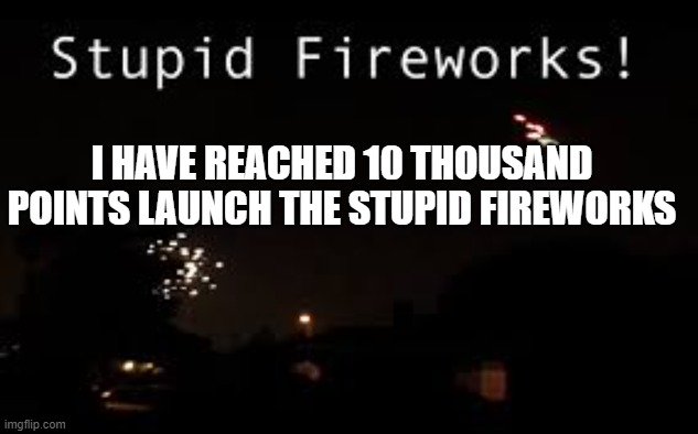 Yay I am at 10 thousand points but I am posting this late and I am now at 11 thousand | I HAVE REACHED 10 THOUSAND POINTS LAUNCH THE STUPID FIREWORKS | image tagged in stupid fire works | made w/ Imgflip meme maker