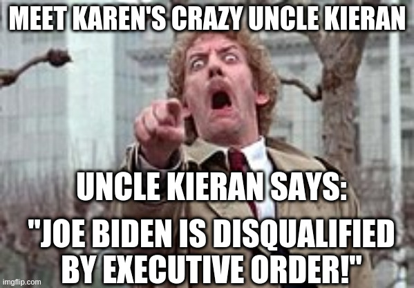 Uncle Kieran | MEET KAREN'S CRAZY UNCLE KIERAN; UNCLE KIERAN SAYS:; "JOE BIDEN IS DISQUALIFIED BY EXECUTIVE ORDER!" | image tagged in trump supporters | made w/ Imgflip meme maker