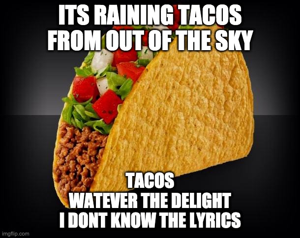 and yesi dont know the lyrics to this song | ITS RAINING TACOS
FROM OUT OF THE SKY; TACOS
WATEVER THE DELIGHT
I DONT KNOW THE LYRICS | image tagged in taco | made w/ Imgflip meme maker