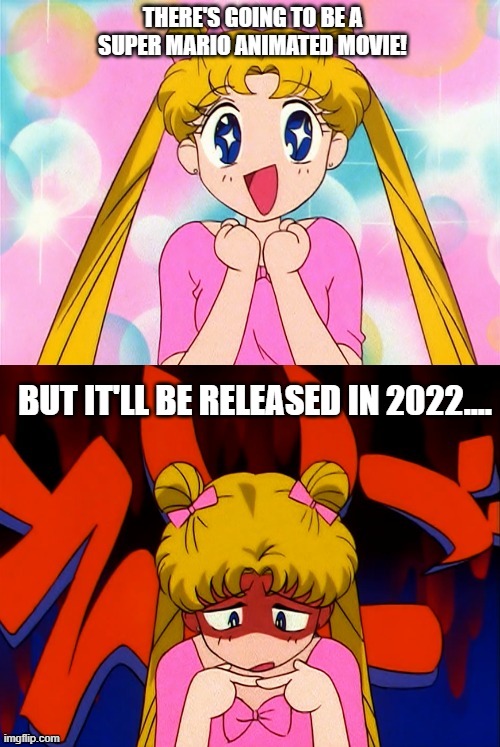 Usagi Downside on the upcoming Mario Movie | THERE'S GOING TO BE A SUPER MARIO ANIMATED MOVIE! BUT IT'LL BE RELEASED IN 2022.... | image tagged in usagi excited but on the downside | made w/ Imgflip meme maker