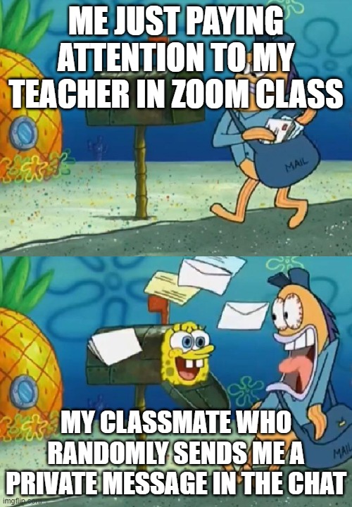 ME JUST PAYING ATTENTION TO MY TEACHER IN ZOOM CLASS; MY CLASSMATE WHO RANDOMLY SENDS ME A PRIVATE MESSAGE IN THE CHAT | image tagged in memes | made w/ Imgflip meme maker
