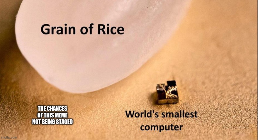 Grain of Rice #2 | THE CHANCES OF THIS MEME NOT BEING STAGED | image tagged in grain of rice 2 | made w/ Imgflip meme maker