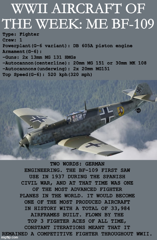 WWII AIRCRAFT OF THE WEEK: ME BF-109; Type: Fighter
Crew: 1
Powerplant(G-6 variant): DB 605A piston engine
Armament(G-6):
-Guns: 2x 13mm MG 131 HMGs
-Autocannon(centerline): 20mm MG 151 or 30mm MK 108
-Autocannons(underwing): 2x 20mm MG151
Top Speed(G-6): 520 kph(320 mph); TWO WORDS: GERMAN ENGINEERING. THE BF-109 FIRST SAW USE IN 1937 DURING THE SPANISH CIVIL WAR, AND AT THAT TIME WAS ONE OF THE MOST ADVANCED FIGHTER PLANES IN THE WORLD. IT WOULD BECOME ONE OF THE MOST PRODUCED AIRCRAFT IN HISTORY WITH A TOTAL OF 33,984 AIRFRAMES BUILT. FLOWN BY THE TOP 3 FIGHTER ACES OF ALL TIME, CONSTANT ITERATIONS MEANT THAT IT REMAINED A COMPETITIVE FIGHTER THROUGHOUT WWII. | image tagged in wwii,history,fighter,plane,aviation,military | made w/ Imgflip meme maker