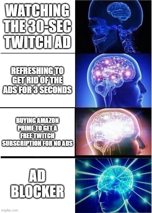 Twitch Ads | WATCHING THE 30-SEC TWITCH AD; REFRESHING TO GET RID OF THE ADS FOR 3 SECONDS; BUYING AMAZON PRIME TO GET A FREE TWITCH SUBSCRIPTION FOR NO ADS; AD BLOCKER | image tagged in memes,expanding brain | made w/ Imgflip meme maker