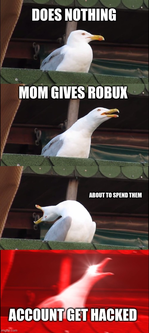 Inhaling Seagull | DOES NOTHING; MOM GIVES ROBUX; ABOUT TO SPEND THEM; ACCOUNT GET HACKED | image tagged in memes,inhaling seagull | made w/ Imgflip meme maker