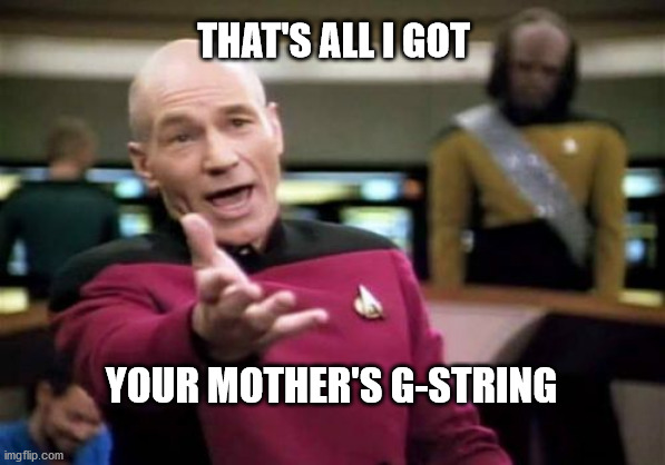 Picard Wtf | THAT'S ALL I GOT; YOUR MOTHER'S G-STRING | image tagged in memes,picard wtf | made w/ Imgflip meme maker