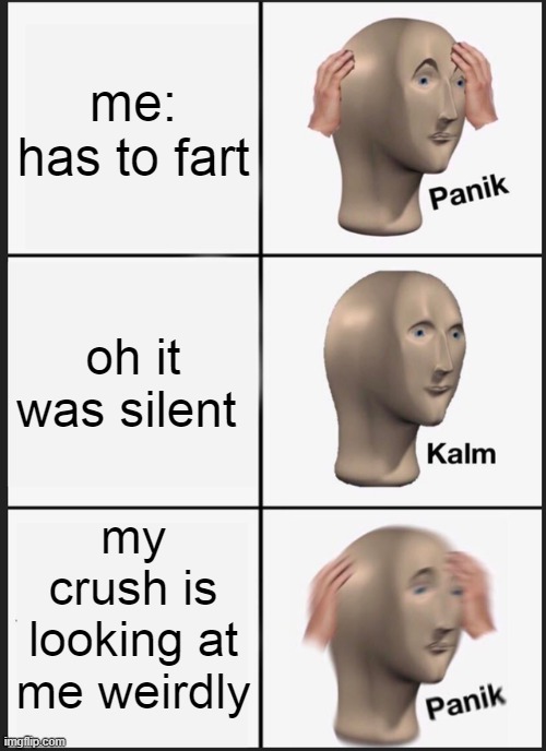 i dont actually have a crush tho | me: has to fart; oh it was silent; my crush is looking at me weirdly | image tagged in memes,panik kalm panik | made w/ Imgflip meme maker