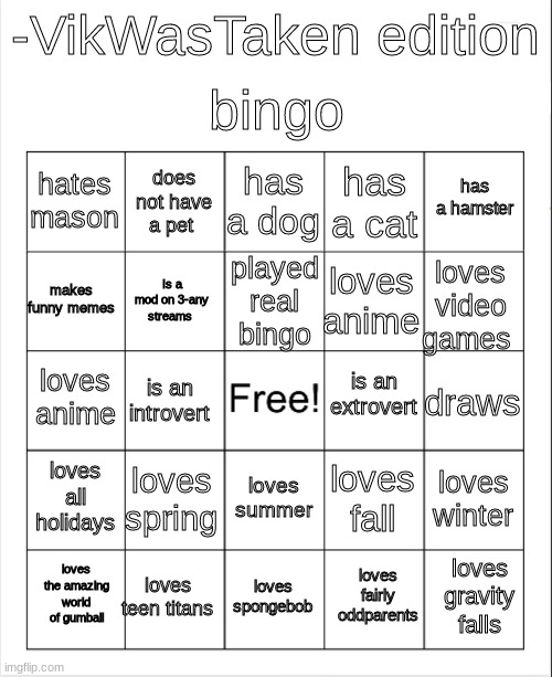 Bingo, -VikWasTaken edition! | bingo; -VikWasTaken edition; has a dog; does not have a pet; has a hamster; hates mason; has a cat; played real bingo; makes funny memes; loves video games; loves anime; Is a mod on 3-any streams; is an extrovert; loves anime; draws; is an introvert; loves all holidays; loves spring; loves winter; loves fall; loves summer; loves teen titans; loves gravity falls; loves the amazing world of gumball; loves spongebob; loves fairly oddparents | image tagged in blank bingo | made w/ Imgflip meme maker