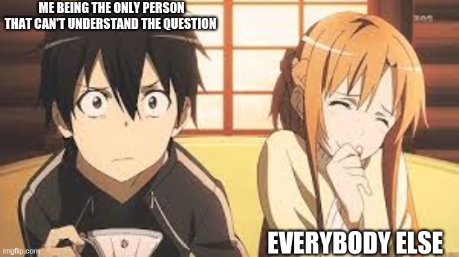 im bored | ME BEING THE ONLY PERSON THAT CAN'T UNDERSTAND THE QUESTION; EVERYBODY ELSE | image tagged in sao | made w/ Imgflip meme maker